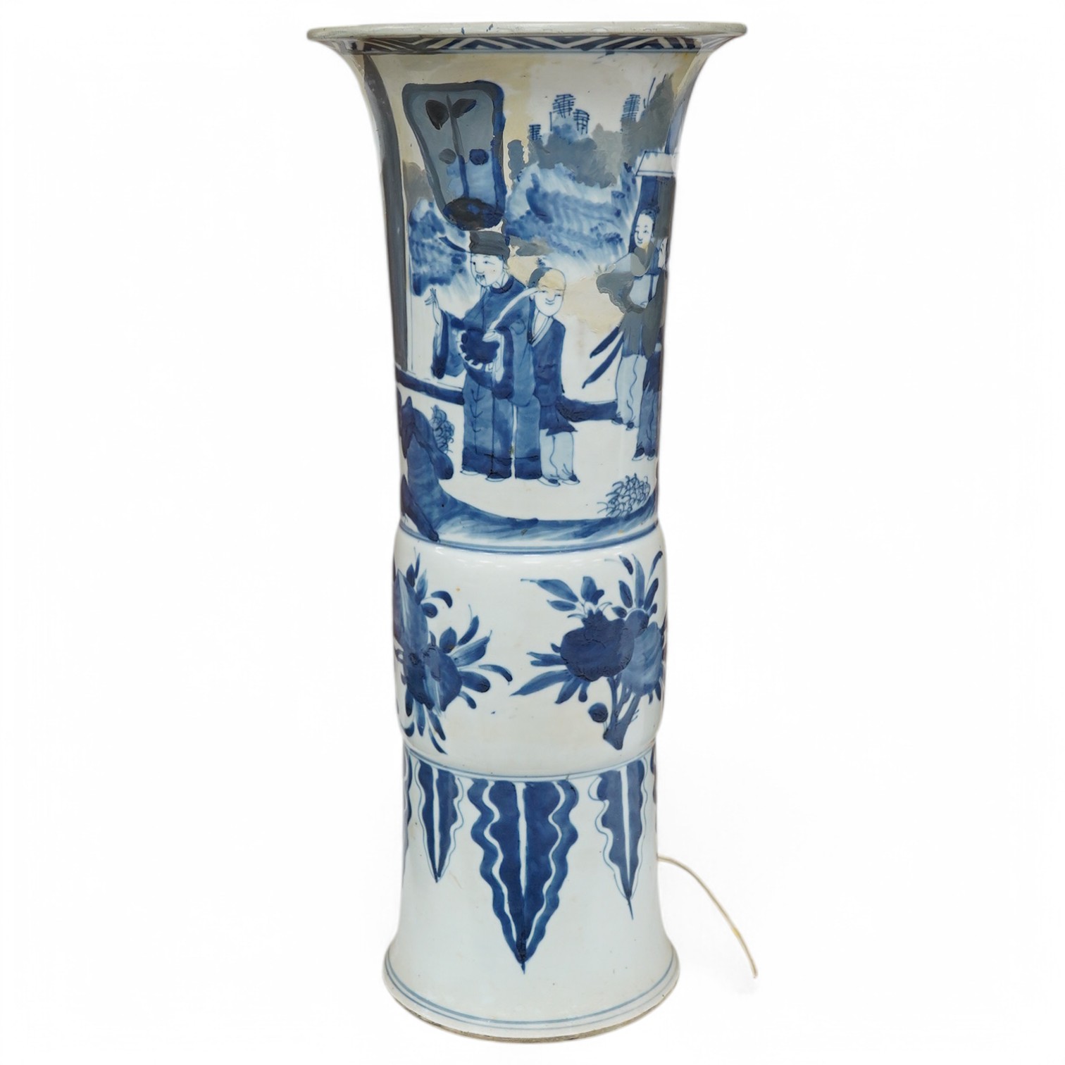 A Chinese blue and white sleeve vase. 53cm high. Condition - heavily restored.